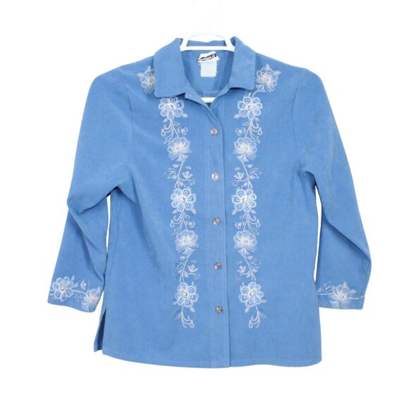 Vintage Bon Worth Blue Embroidered Button Down Long Sleeve Shirt Small - Picture 1 of 9